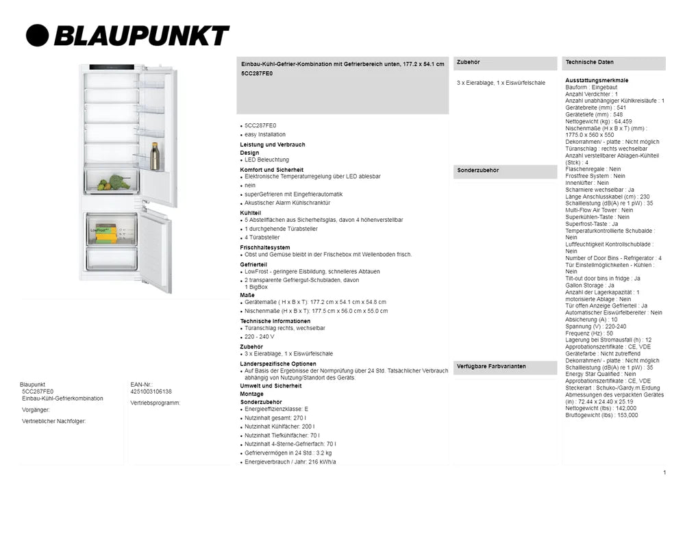 Blaupunkt 5CC287FE0 Freeze Built-In Double Door Refrigerator - 200L Capacity