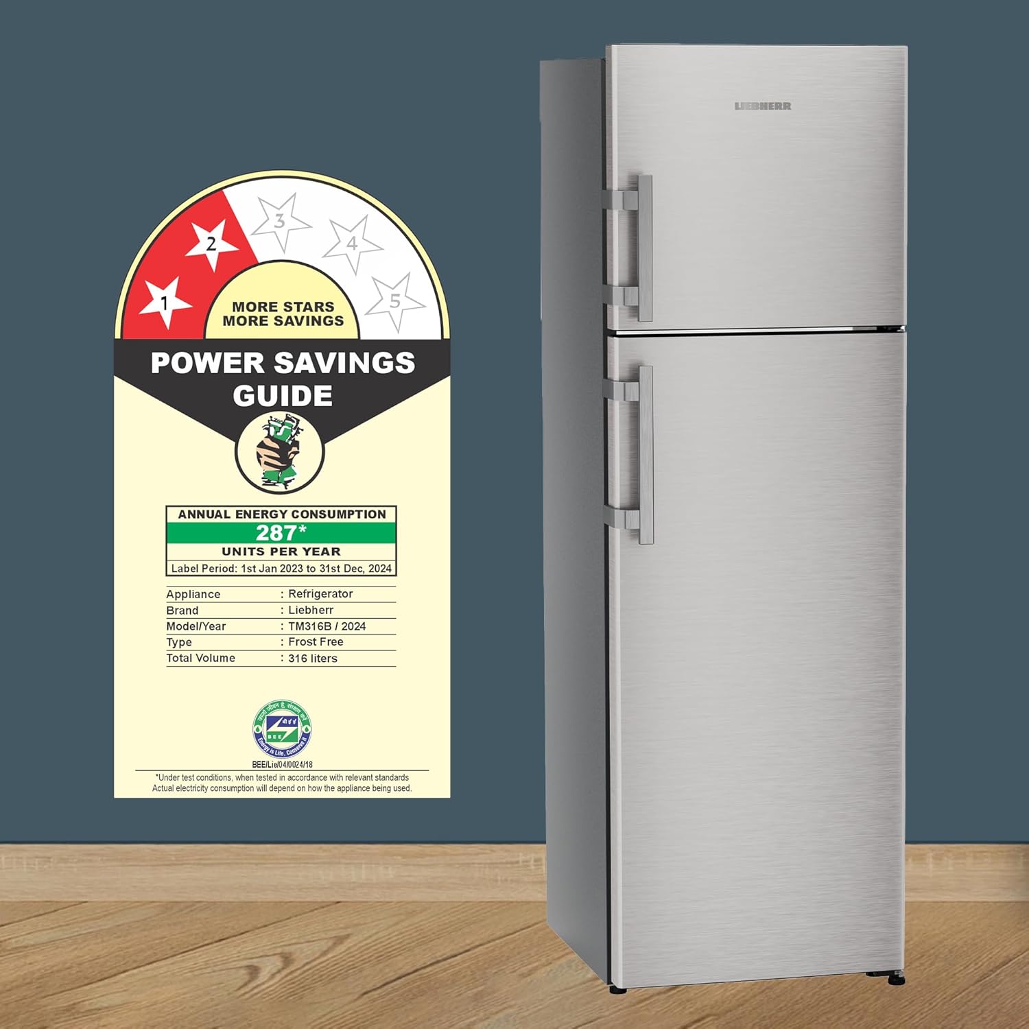 Liebherr 316L 2 Star Inverter Hot/Cool Lever Handle Frost Free Double Door Fridge, Duo Cooling, 20 Yr Warranty, Freezer 67L, Veg Organiser, Stainless