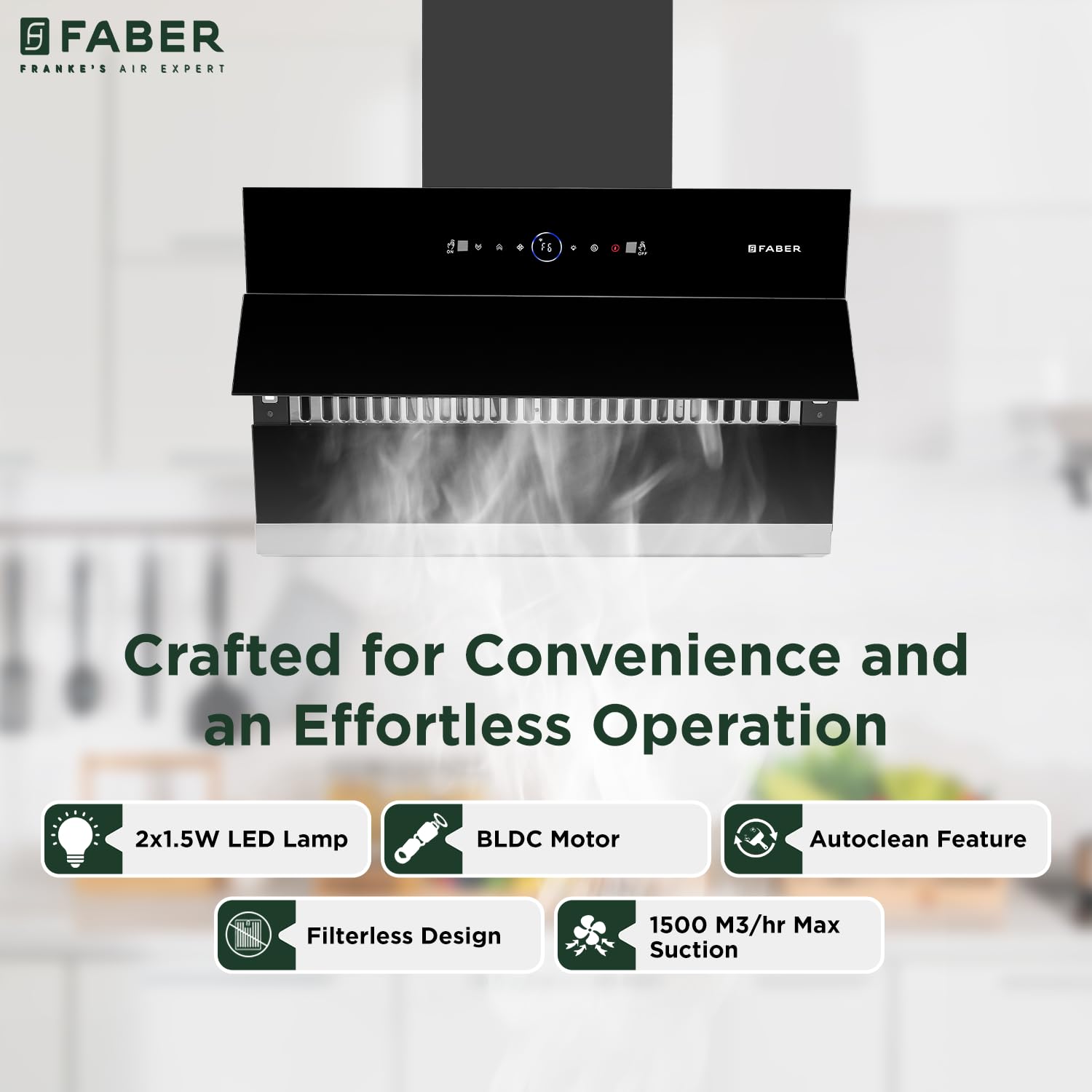Faber 75cm 1500m³/hr BLDC Motor Autoclean Slant Chimney| Black Matt Filterless |9 Speed Control |Touch & Gesture Control |Oil Collector|5Yrs Comprehensive Warranty by Faber|Hood Maple BLDC FL HC BK 75