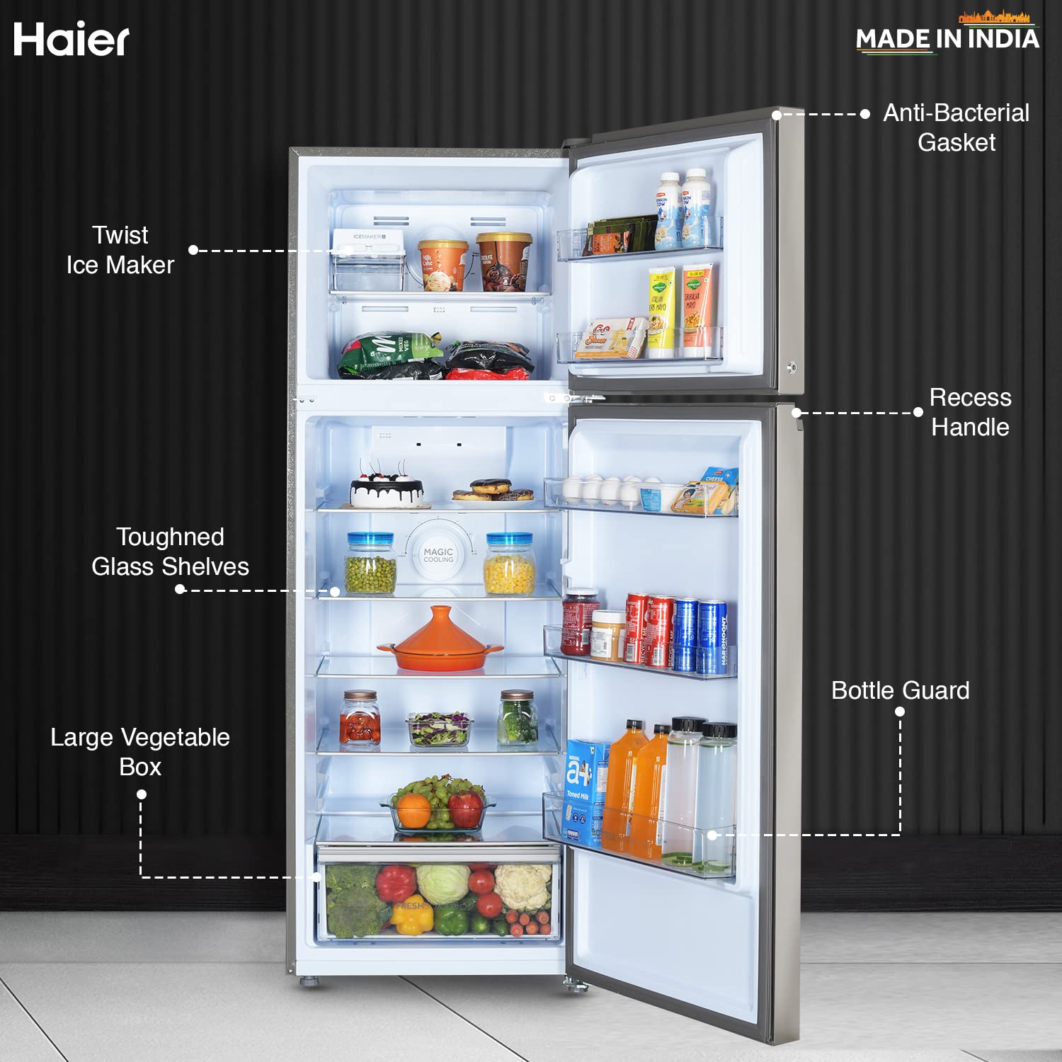 Haier 328L 3 Star Frost Free Inverter Double Door Top Mount Refrigerator (HEF-333TS-P, Inox Steel, Convertible)