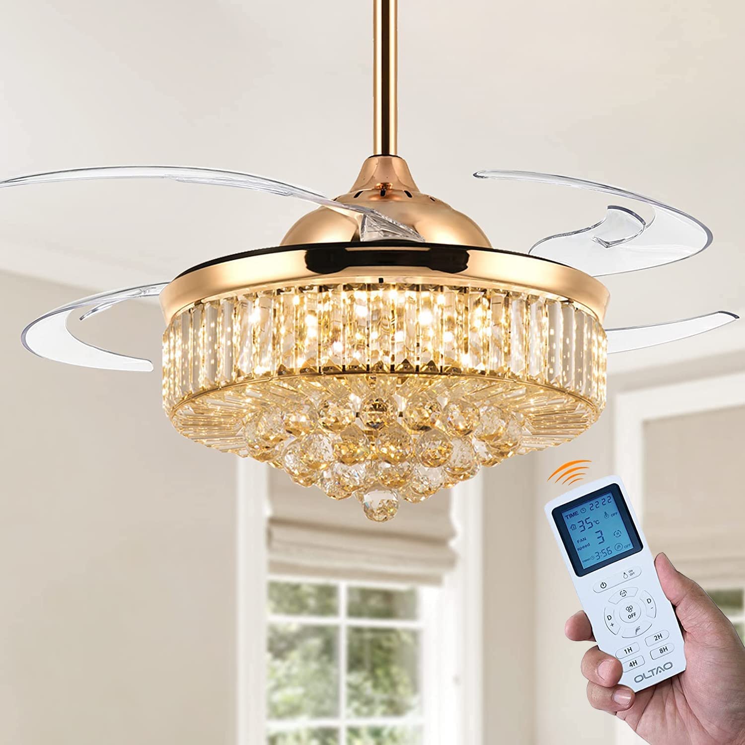 oltao Picola Gold Chandelier Fan with BLDC Motor, LED Light, Noiseless Retractable Blade, Summer/Winter mode And Remote