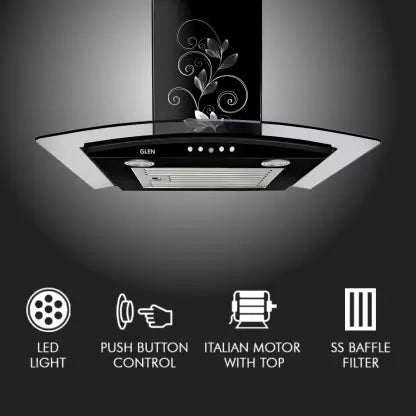 Glen Krysta 60 Curved Glass 60 cm| Baffle Filter | Low Noise Wall Mounted Chimney  (BLACK 1000 CMH)