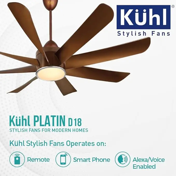 KUHL Platin D18 Stylish BLDC Fan | Low Power 30W | High Air Flow | 8 Aerodynamic ABS Blades | Low Noise | Down Light | 1200 mm sweep | Operate on Remote-Mobile-Alexa | Reverse Mode |5 Star Rated| Brow