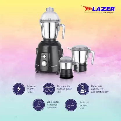 Lazer Power Bolt 3 Jars 950W Mixer Grinder (black)