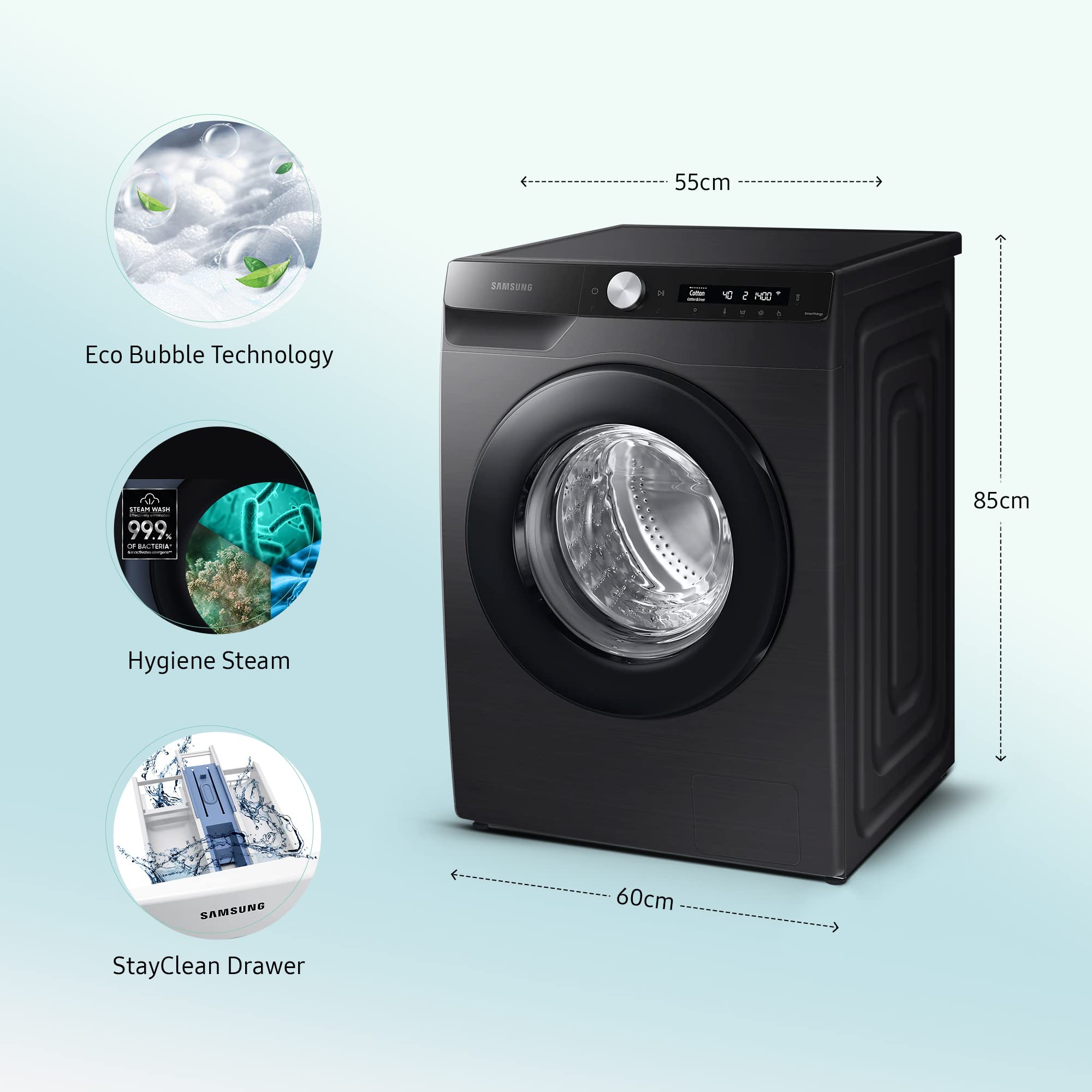 Samsung 9 Kg 5 Star Wi-Fi Inverter Fully-Automatic Front Loading Washing Machine Appliance (WW90T504DAB1TL, Black Caviar, In-Built Heater)