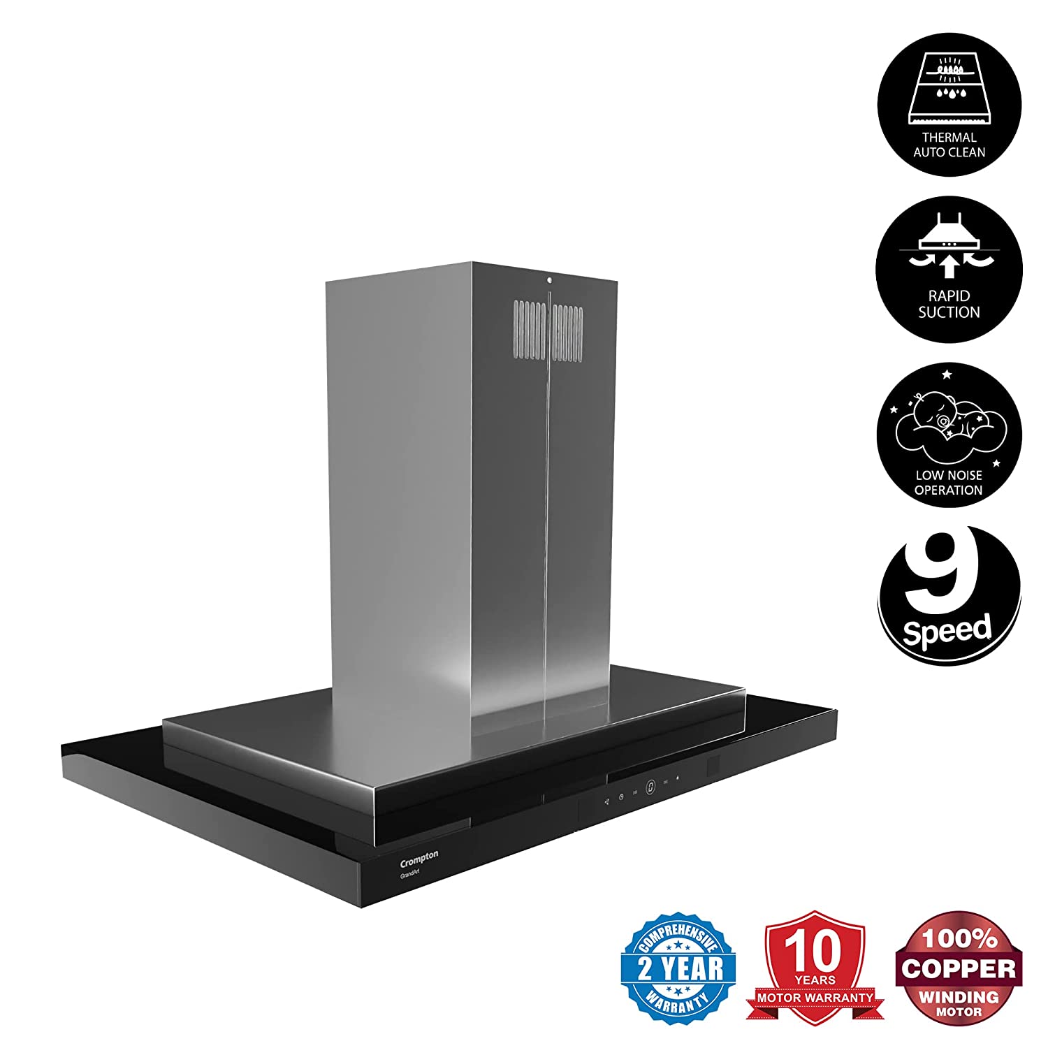 Crompton GrandArt Copper Motor Island 90cm Chimney Baffle filter (Inox), Free installation&Ducting kit,1350 m³/hr