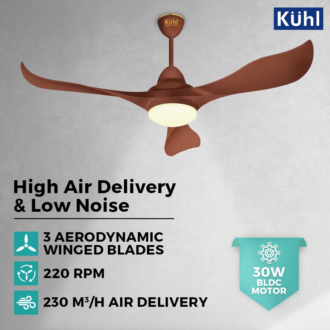 KUHL Glanz F3 1320mm ஸ்டைலிஷ் பவர் சேவிங் BLDC சீலிங் ஃபேன் ரிமோட் உடன் | டவுன் லைட் | 30W | 5 ஸ்டார் | IoT – மொபைல் &amp; அலெக்சா வழியாக இயக்கவும் | ரிவர்ஸ் மோட் | இலவச நிறுவல் | பிரவுன்