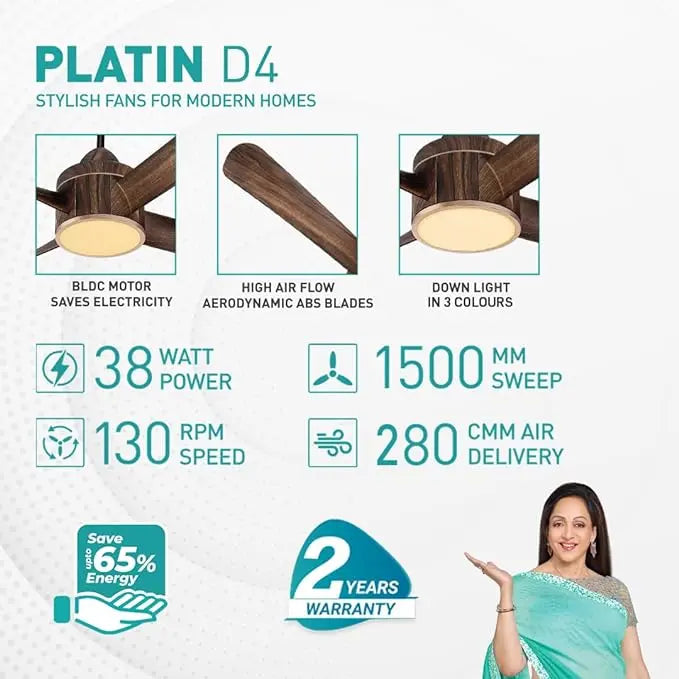 KUHL Platin D4, Teakwood, Stylish BLDC Fan |5 Star Rated| Low Power 38W |High Air Flow| Low Noise|4 Aerodynamic ABS Blade| Down Light | 1500 mm Sweep| Operate on Remote - Mobile - Alexa |Reverse Mode