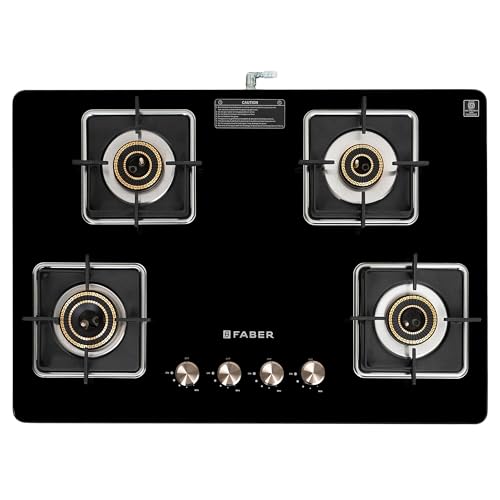 Faber 4 Burner Auto-Ignition Cooktop|NiOS AUTO 4BB BK|Battery Operated|Metal Knobs|Brass Burners|Cast Iron Pan Support|Black Glass Finish|7 Yrs Warranty Glass;5 Yrs Burner & Valve;2 Yrs Compr