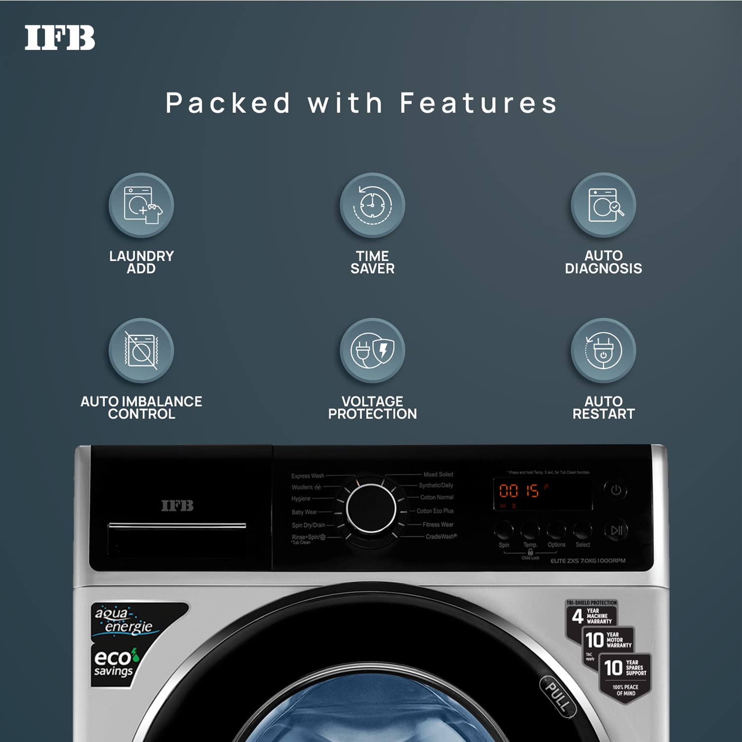 IFB 7 Kg 5 Star Fully-Automatic Front Loading Washing Machine (ELITE ZXS, Silver, In-Built Heater, 3D Wash technology)