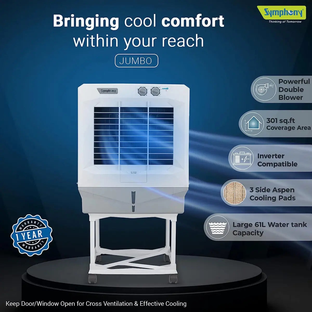 Symphony Jumbo 65+ Desert Air Cooler For Home with Aspen Pads, Powerful Fan, Cool Flow Dispenser and Free Trolley (61L, White)