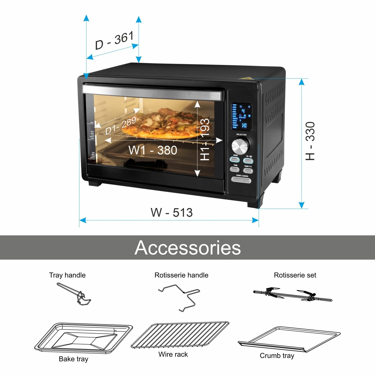 Glen Electric Digital OTG Oven 33 Litres, 1500W Power Digital, Full Back Convection, Motorized Rotisserie, Black (5033DIGI)