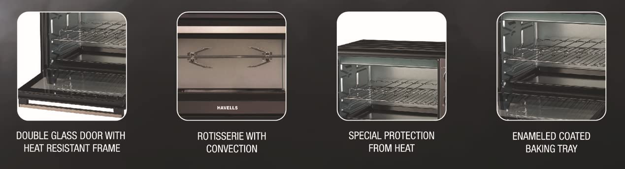 Havells Otg 48Rc Bl|Toughened Double Glass Door|60 Min Timer|Rotisserie|Convection|Inner Lamp|6 Heating Modes|4 Skewer Rods|Enamelled Coated Baking Tray|1800W&2Yr Warranty,48 Liter,1800 Watt,