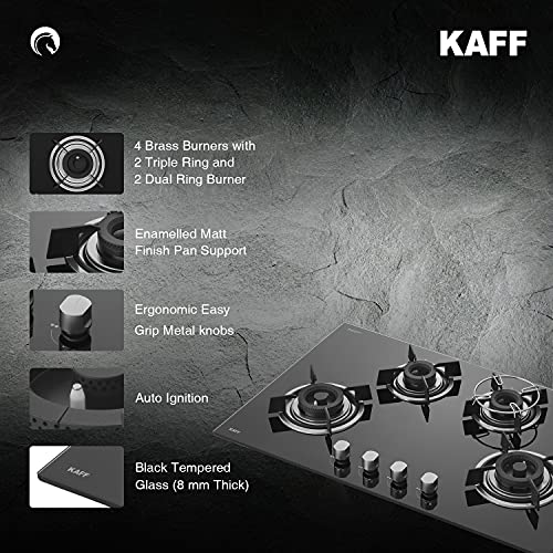 KAFF HBR 804 Built-in Hobs 4 Burners, Auto Electric Ignition Glass Top, 80 CM, Powerful Brass Burners, 8 MM Thick Toughened Glass, Enamelled Matt Grills (Black)