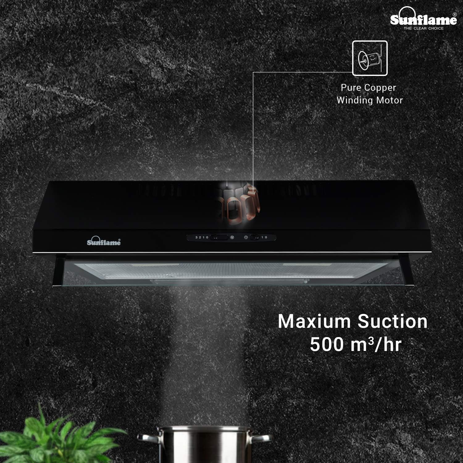 Sunflame SLIM 60 BK CF, 60 cm, 500 m??/hr Chimney (Cassette Filter, Sliding Controls, Black Powder-Coated Finish)