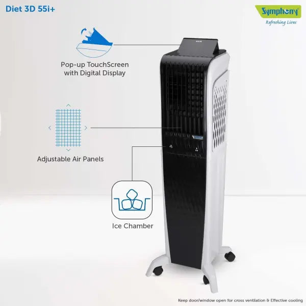 Symphony Diet 3D 55i+ Air Cooler For Home with 3-Side Honeycomb Pads, Magnetic Remote