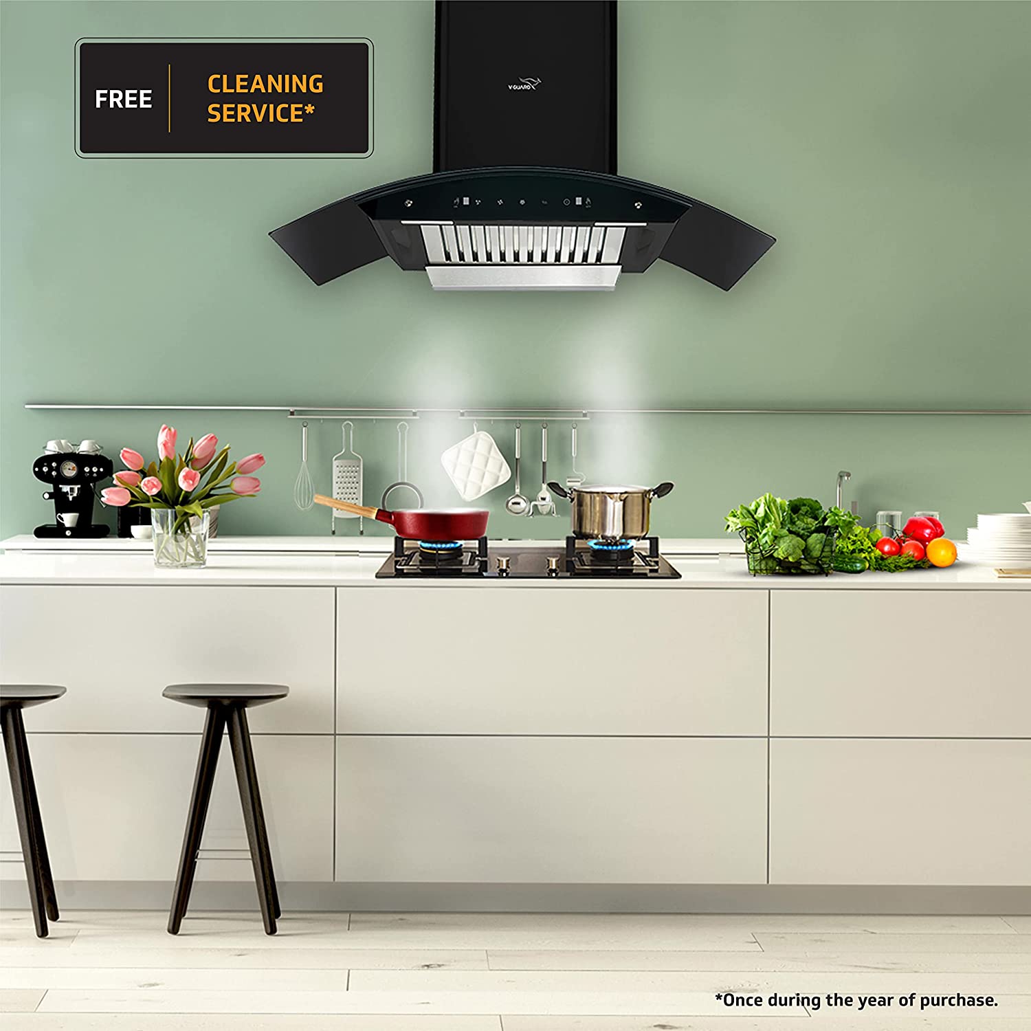 V-Guard A20 BL180 Kitchen Chimney with 1200m³/hr Suction, Intelligent Auto Clean, Curved Glass, Baffle Filter, Motion Sensor Controls, Oil Collector Tray, LED Light (Black)