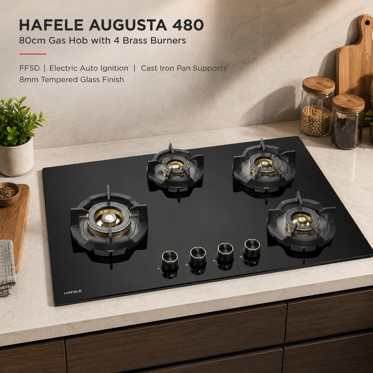 Hafele Augusta 480 80cm 4 Burner Built-in Gas Hob | Full Brass Burners