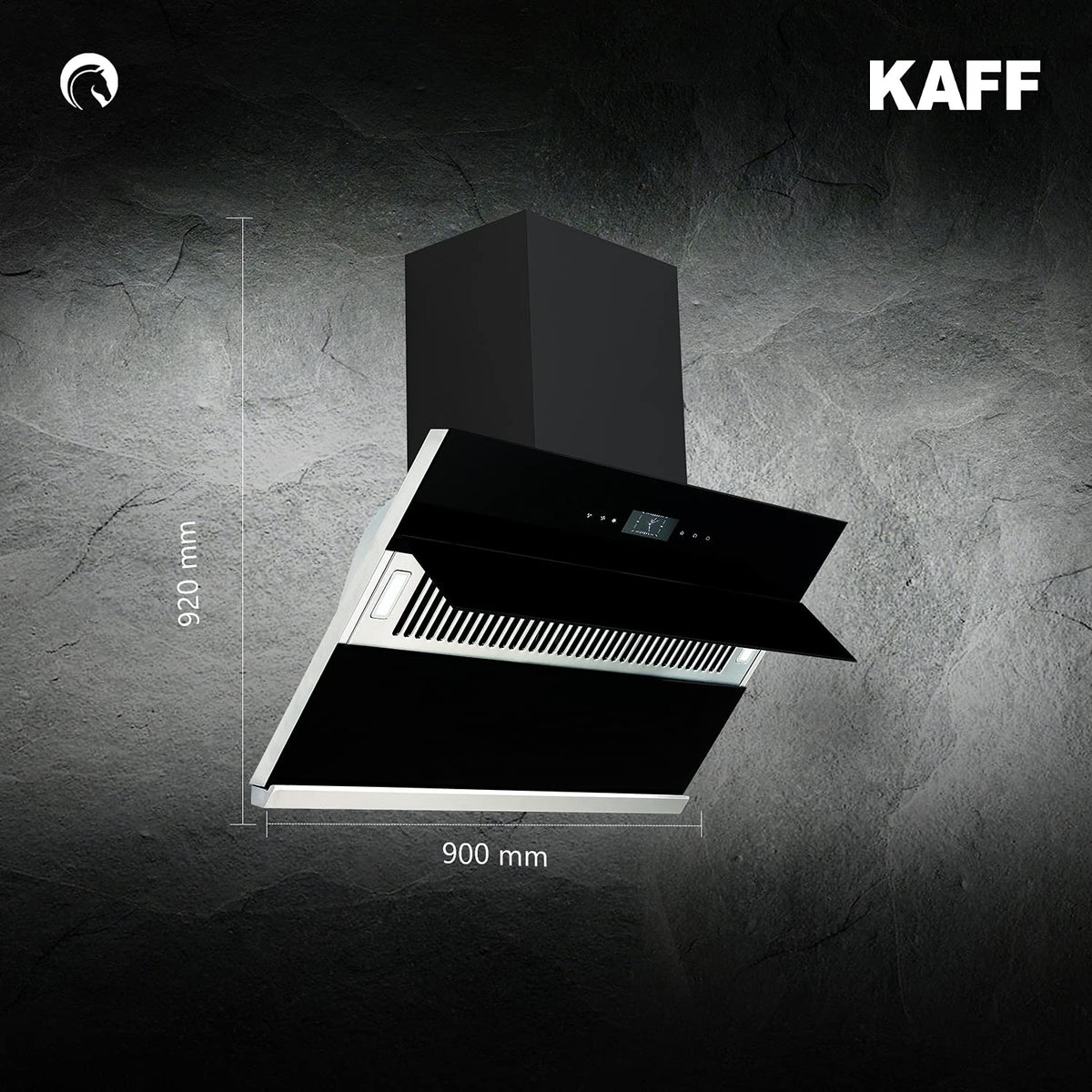 Kaff Albury DHC 90 black filterless chimney with 900 mm width and 920 mm height dimensions
