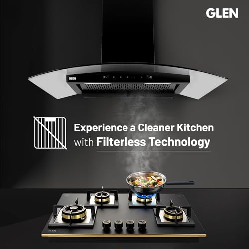 GLEN 90 cm 1200m3/hr Auto-Clean Filterless Curved Glass Kitchen Chimney With Motion Sensor+Touch Controls (Senza Black)