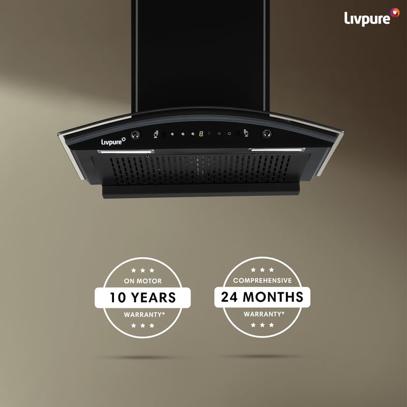 Livpure Astor 60 1250 m3/hr Curved Glass || Filterless Auto-Clean Kitchen Chimney || 10 Year Warranty On Motor (2 Year Comprehensive), (Touch And Gesture Control, Black)
