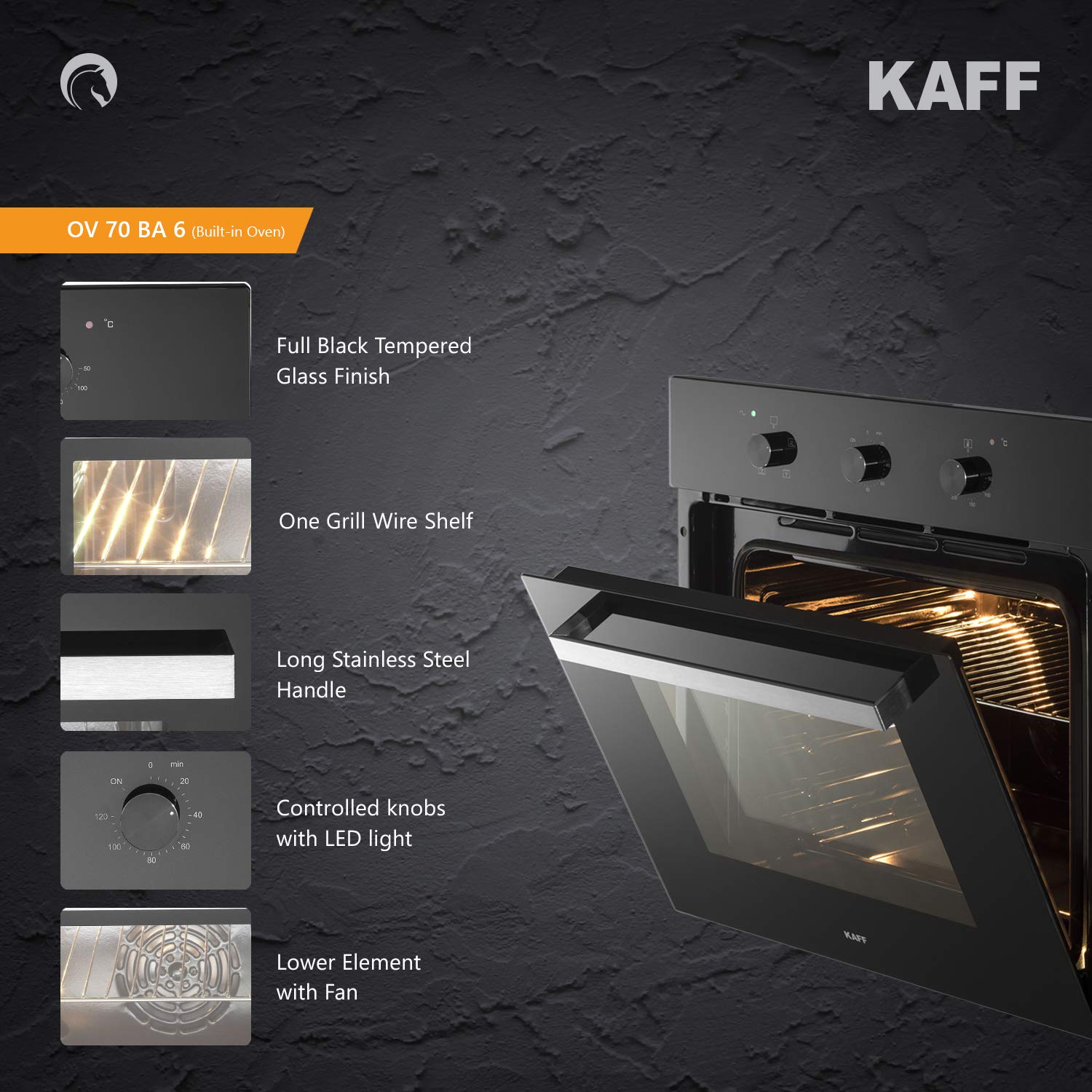 KAFF KOV 70 BA6 | Cavity 70 L | Multifunction with Rotary Control Dial | Full Black Tempered Glass Finish.