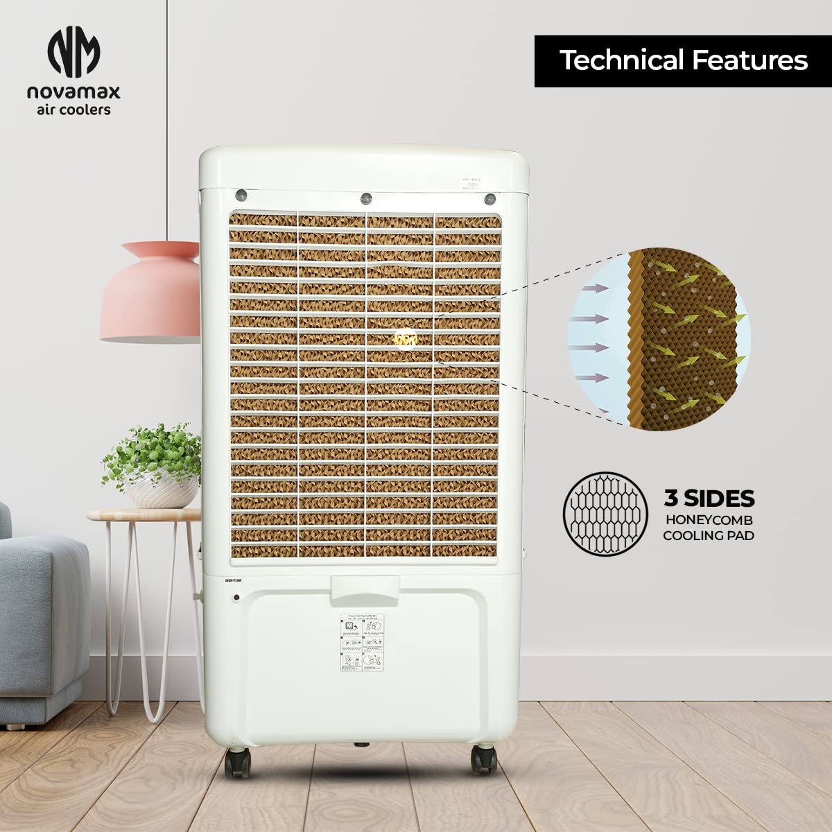 Novamax Kazer 80 L Desert Air Cooler With High Density Honeycomb Cooling Pads, 4-Way Air Deflection, Powerful Air Throw & Ice Chamber (White,Black)