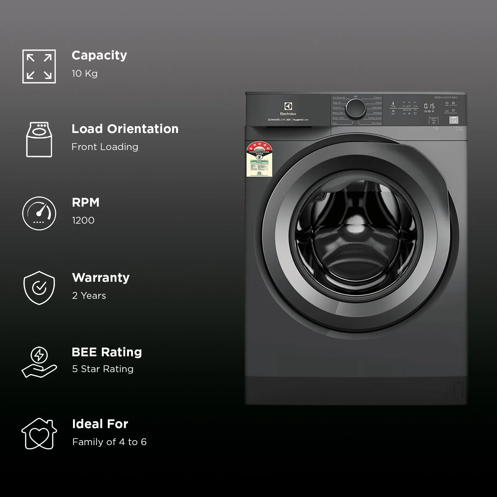 Electrolux EWF1024M3SB UltimateCare 300 Inverter Front Load Washer - HygienicCare, Dark Silver