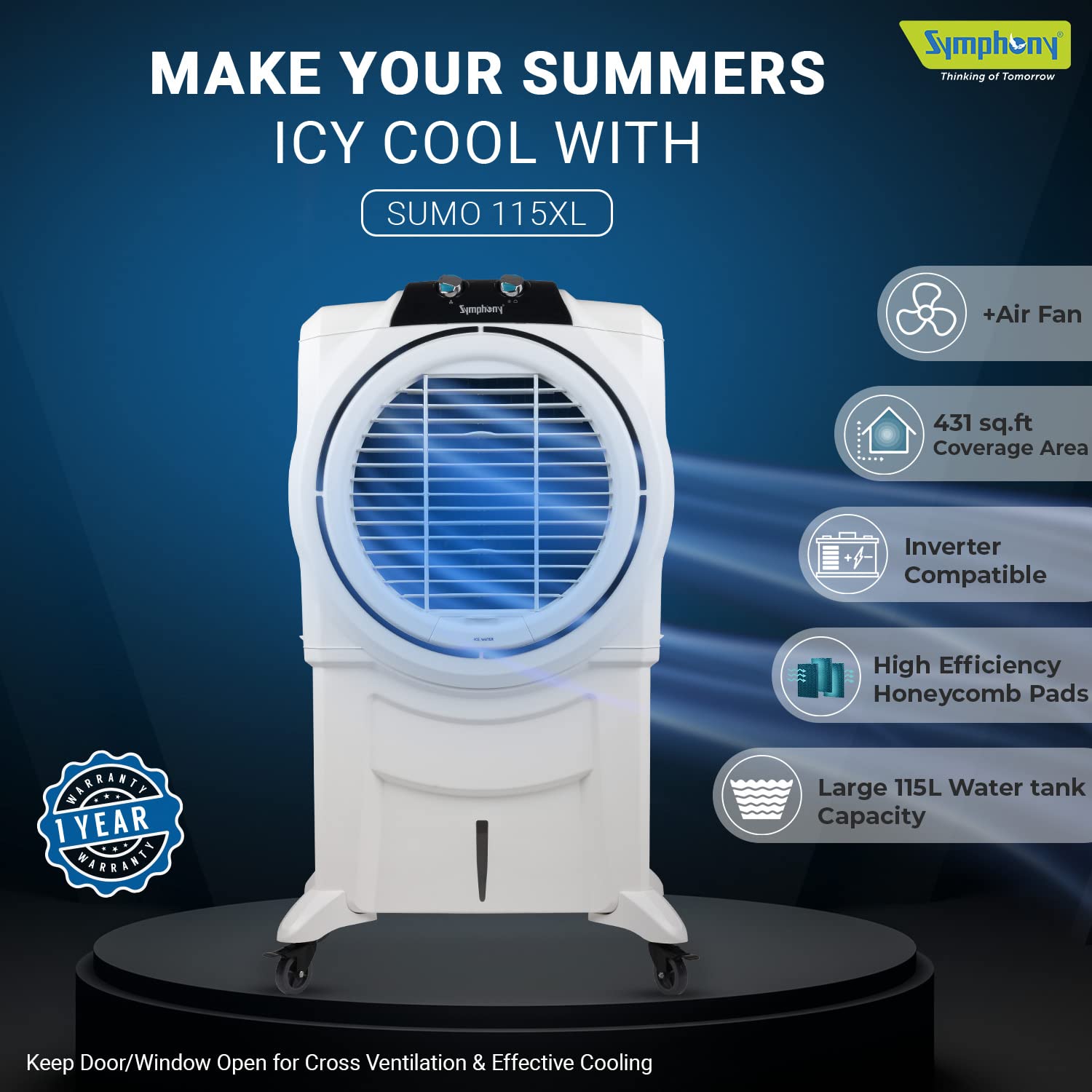 Symphony Sumo 115 XL Desert Air Cooler for Home with Honeycomb Pads, Powerful +Air Fan, i-Pure Console and Low Power Consumption (115L, White)