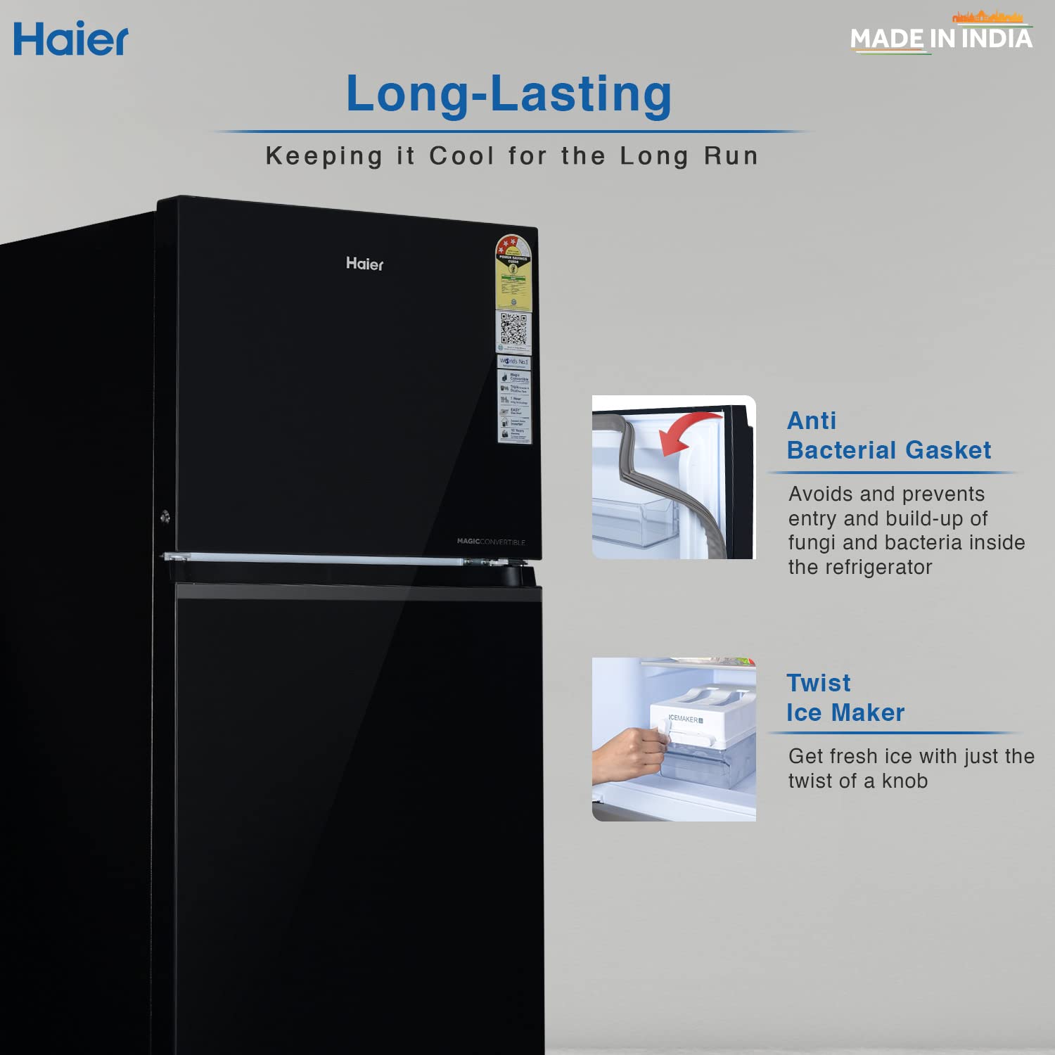 Haier 328L 3 Star Frost Free Inverter Double Door Top Mount Refrigerator (HEF-333BG-P, Inox Steel, Convertible)
