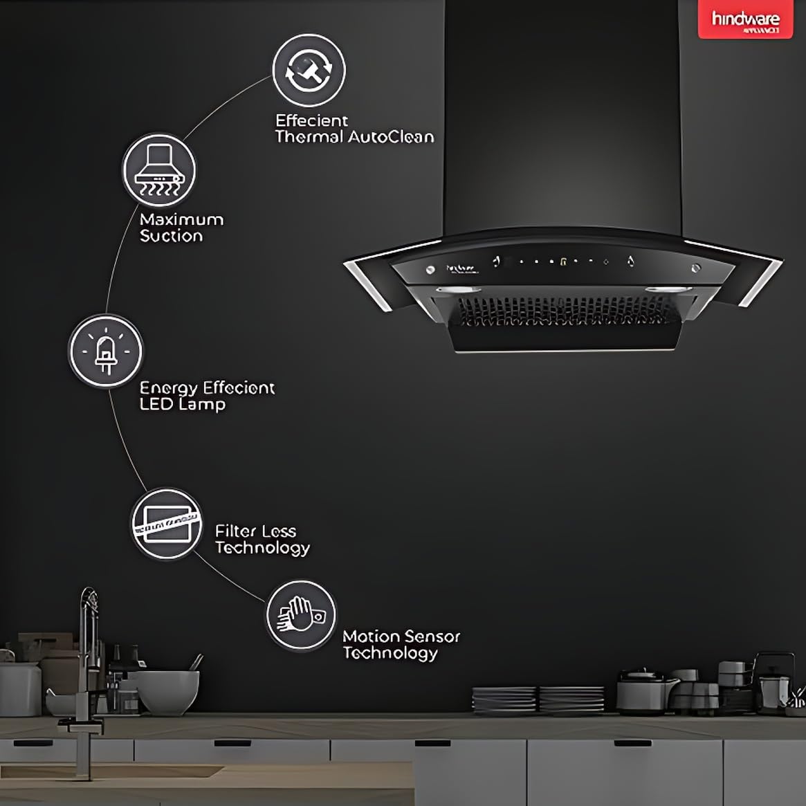 Hindware Divina Neo 60 AutoClean Chimney with Motion Sensor & Touch Control (1200m³/hr)
