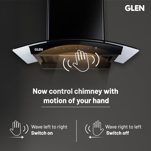 GLEN 60 cm 1200m3/hr Auto-Clean Filterless Curved Glass Kitchen Chimney With Motion Sensor+Touch Controls (Senza Black)