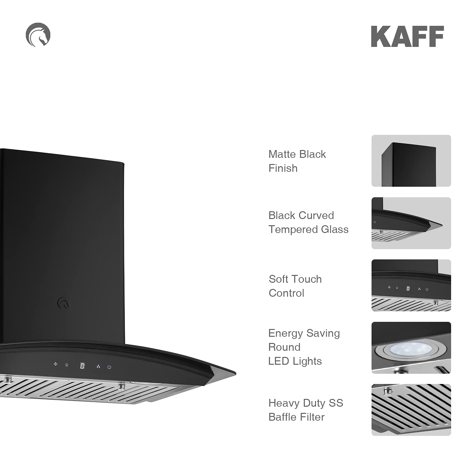 KAFF MILA DHC 60 Kitchen chimney in size 60cm, designed max airflow 1150 m3/hr Auto Clean Chimney, 2 Baffle Filter, Black finish