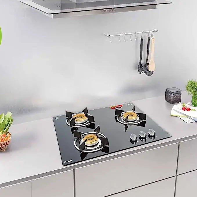 Glen 3 Burner Built in Glass Gas HobTop with italian Double Ring Brass Burners, Auto Ignition, Black (1063 RO IN HT BB)