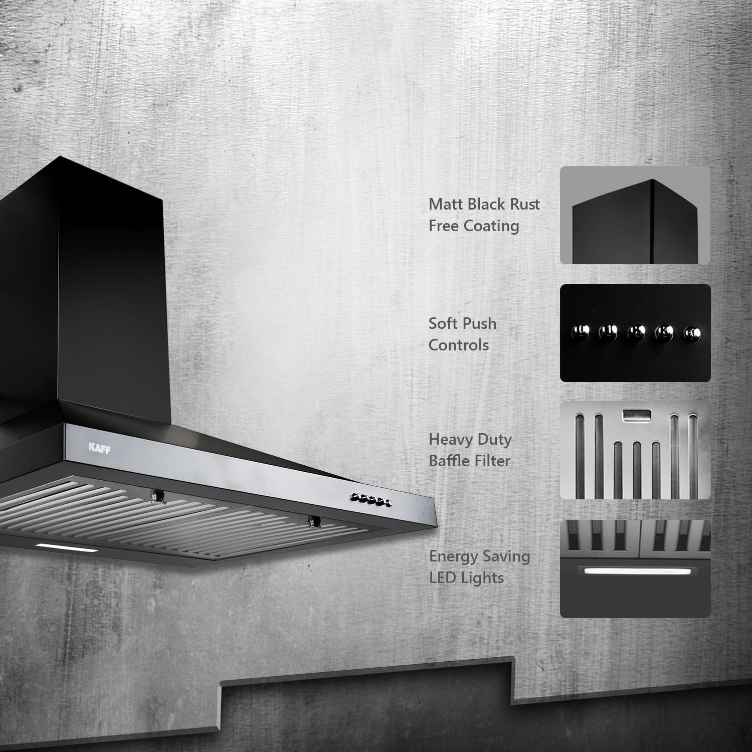 KAFF MELL60B 60CM Kitchen Chimney with 1025 m3/hr Suction, Soft Push Buttons, Matt Black Rust-Free Coating: Heavy Duty Baffle Filter & Pyramid Design