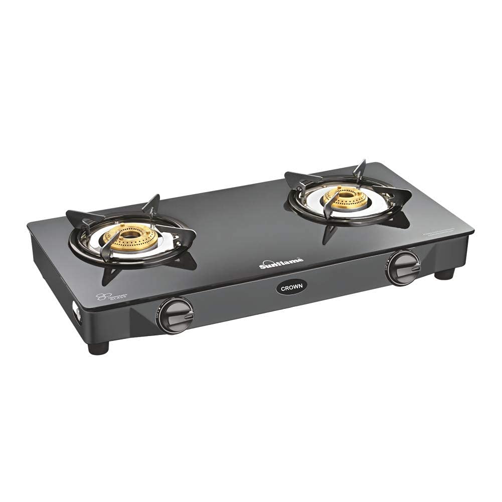 Sunflame Crown Glass Top 2 Burner Gas Stove Manual Ignition, Black (Gas stove + Gas Lighter)