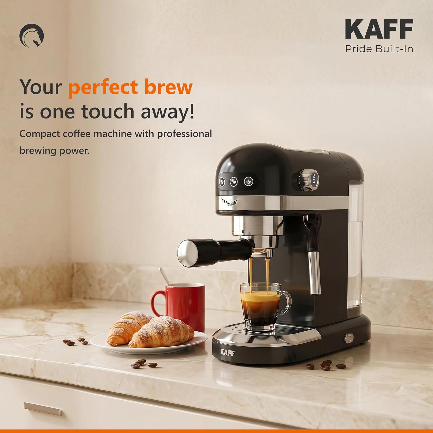 KAFF Fontana 1350 Watts Espresso Coffee Maker, 19 Bar High Pressure Pump, Steam Espresso Coffee, Detachable Frothing Nozzle Coffee Machine For Home Black