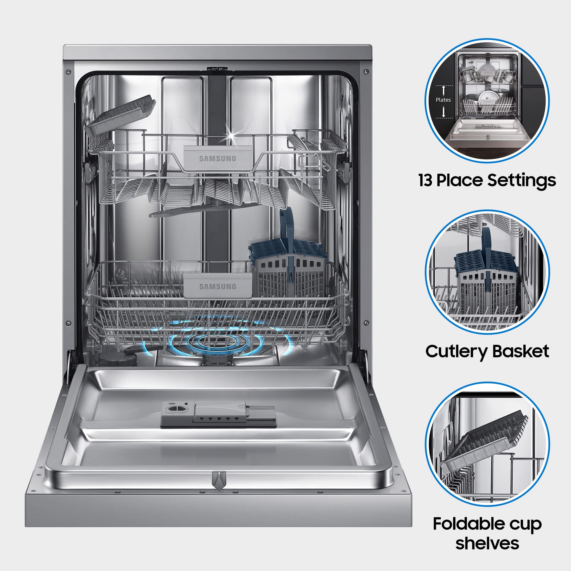 Samsung 13 Place Setting Freestanding Dishwasher with Intensive Wash (DW60M6043FS/TL), Ice blue, Stainless Steel Tub, Hygiene Clean, Height Adjustable Rack)