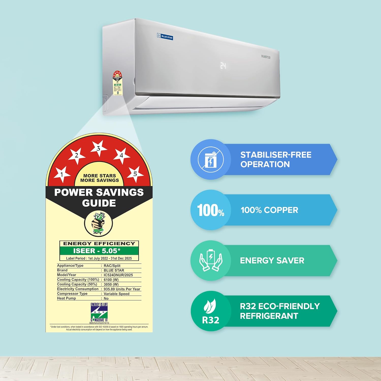 Blue Star 2T 5S Inverter Split AC Self Diagnosis IC524DNUR White