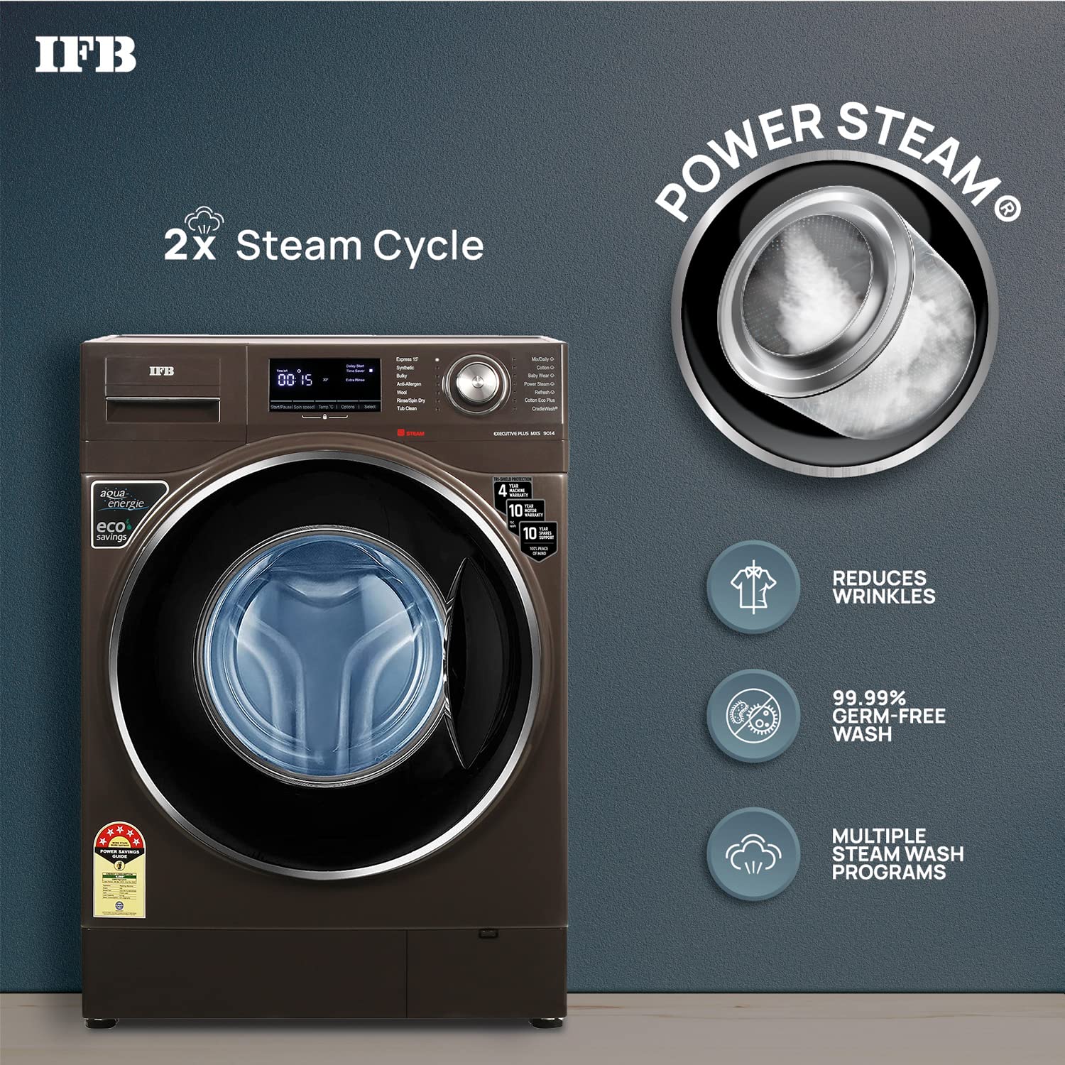 IFB 9 Kg 5 Star Front Load Washing Machine 2X Power Steam (EXECUTIVE PLUS MXS, Mocha, In-built Heater, 4 years Comprehensive Warranty) Visit the IFB Store