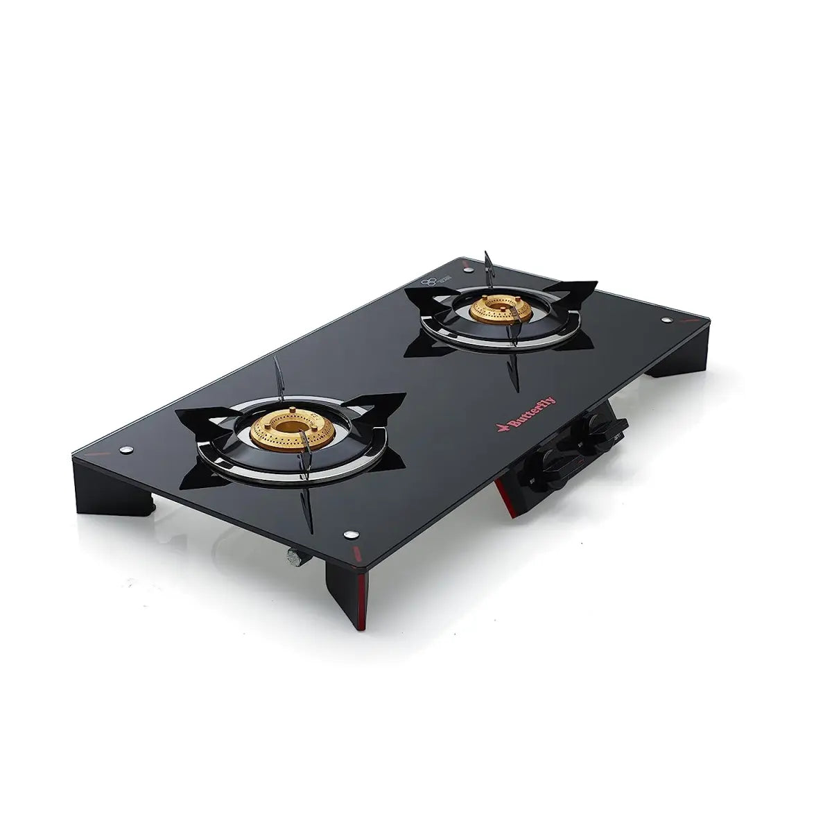 Butterfly Prism Glass 2 Burner Gas Stove, Black/Red