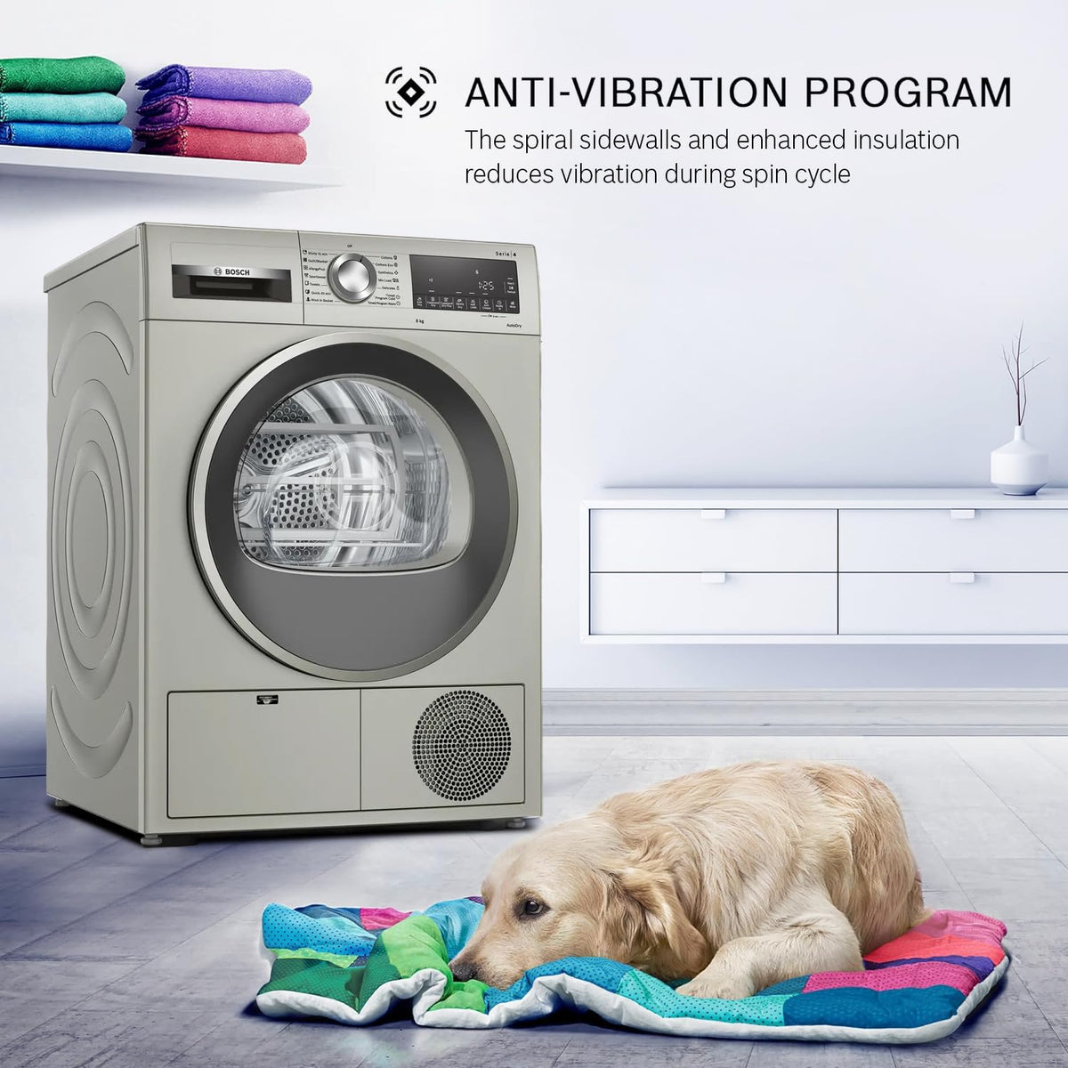 Bosch Series 4 condenser dryer angled view showing spiral sidewalls for anti-vibration