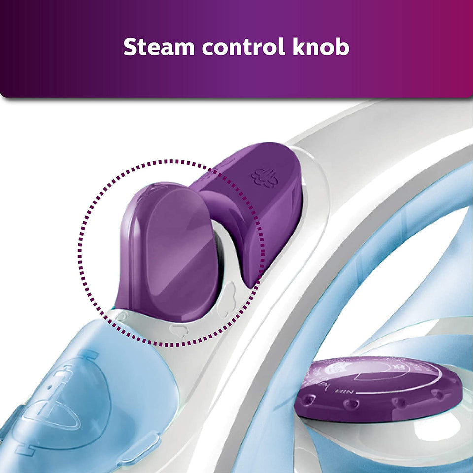 Close-up of the purple steam control knob and temperature dial on the Philips GC1905/21 steam iron
