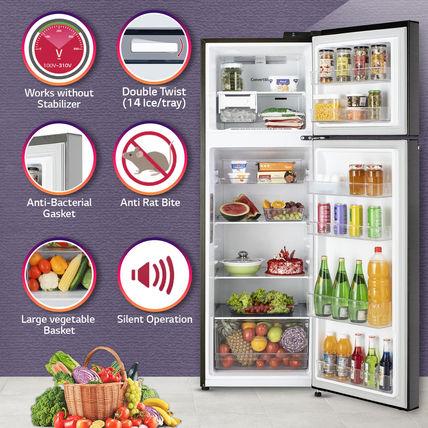 LG 272 L 3 Star Frost-Free Smart Inverter Wi-Fi Double Door Refrigerator (GL-T312TESX, Ebony Sheen, Convertible & Door Cooling+, Gross Volume – 289 Ltr.)
