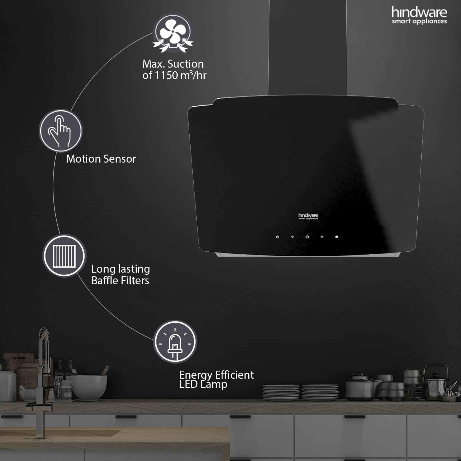 Hindware  Kyra Plus wall mounted kitchen chimney 1150 m3/hr and baffle filters, touch control (Black 60CM)"