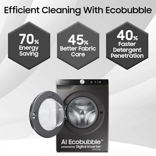 Samsung 8 kg, 5 Star, AI Ecobubble, Wi-Fi, Hygiene Steam with Inbuilt Heater, Digital Inverter, Fully-Automatic Front Load Washing Machine (WW80T504DAX1TL, Inox)