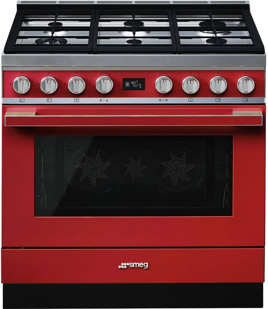 Smeg Portofino CPF9GMR 90cm Gas Cooker with 6 Burner Hob in Red