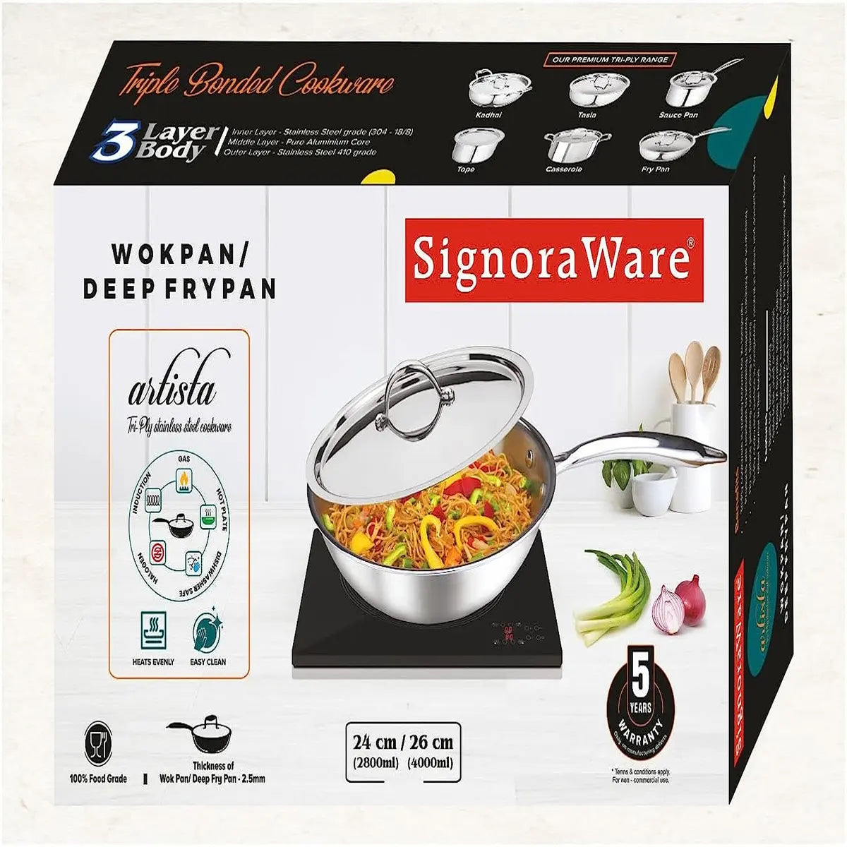 SignoraWare Artista Tri-Ply Stainless Steel Induction Compatible Triply WOKPAN / DEEP FRYPAN with Stainless Steel Lid (Induction and Gas Compatible), 26cm, Capacity 4000 ml,Set of 1, Silver