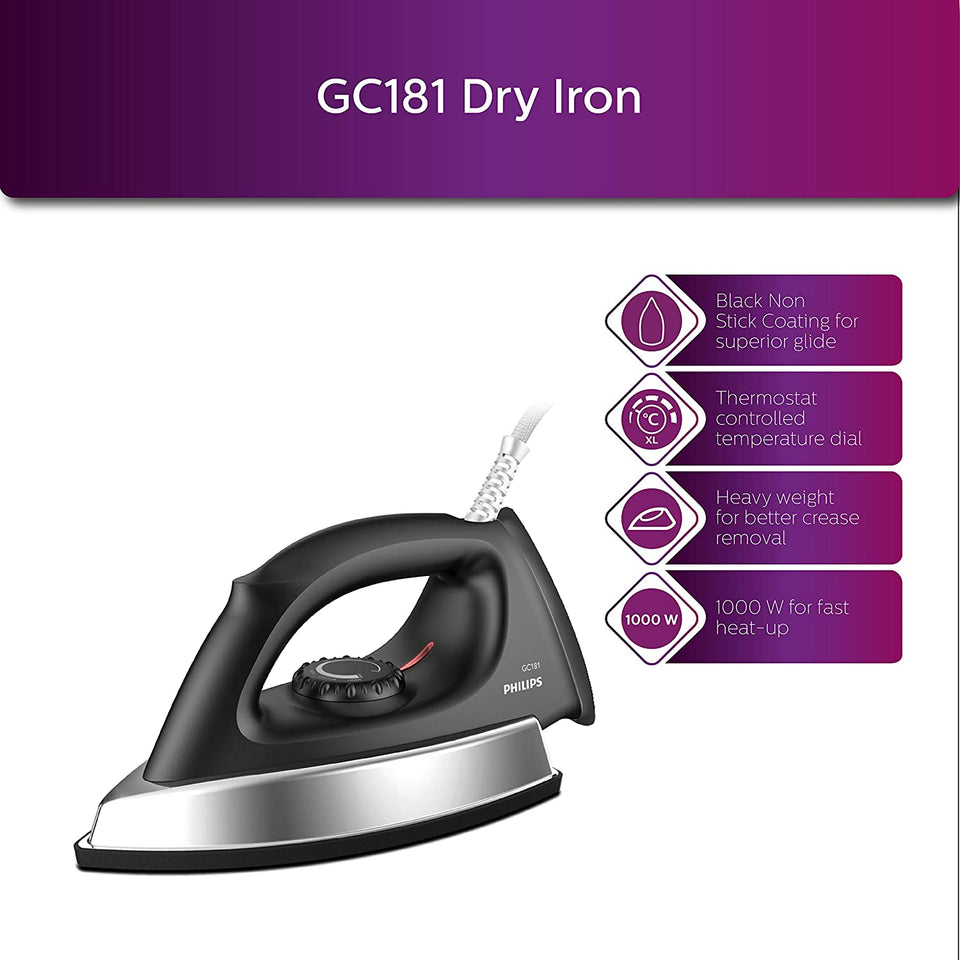 Philips GC181/80 dry iron with callouts for non-stick coating, thermostat dial, heavy weight and 1000 W