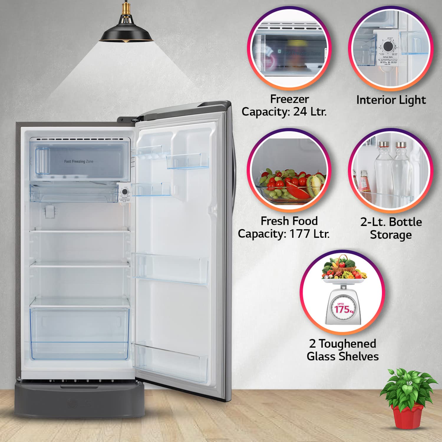 LG 201 L 5 Star Inverter Direct-Cool Single Door Refrigerator (GL-D211HPZZ, Shiny Steel, Base stand with drawer & Smart connect, Gross Volume- 204 L)